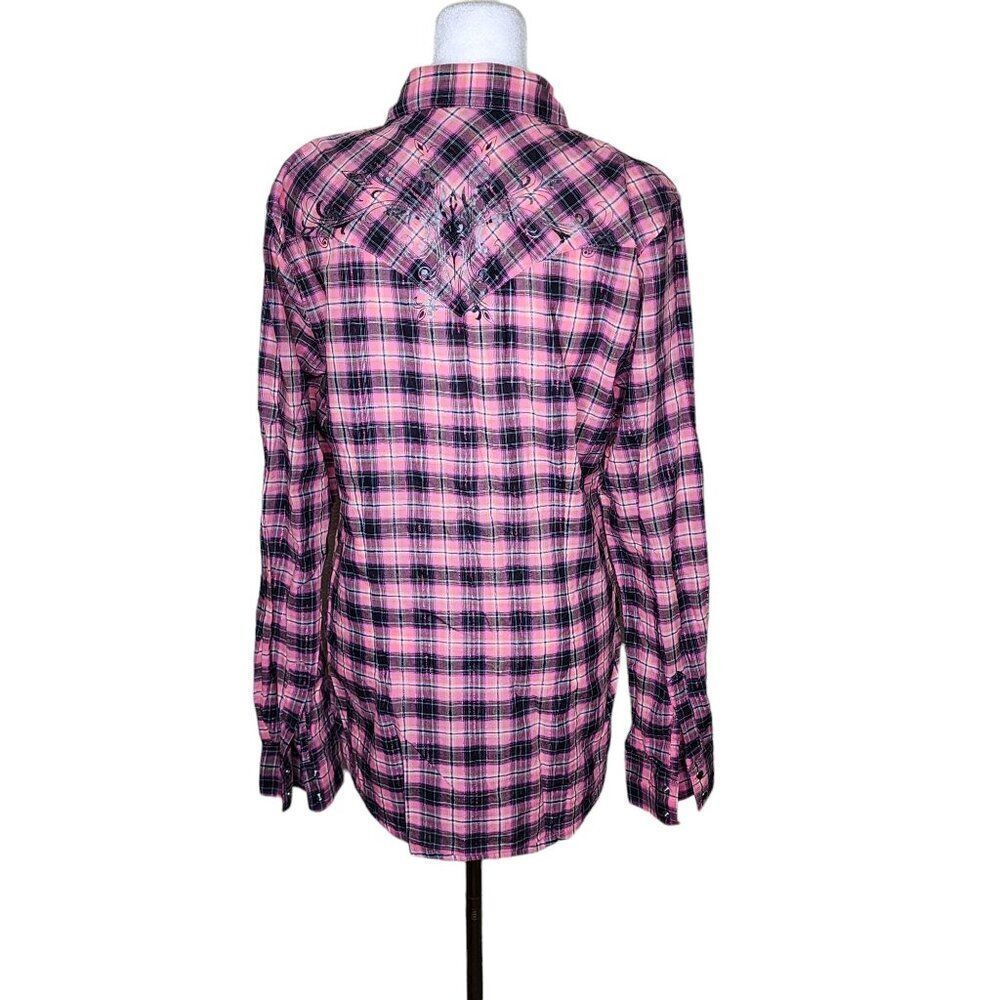 Wrangler Long Sleeve Snap Plaid Shirt Womens Size M Pink Western Cowboy - Picture 4 of 10